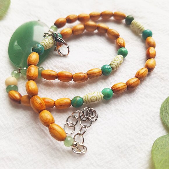 Long Stone Pendant Necklace, Bohemian Wood Beaded Necklace, Earthy & Organic - Picture 6 of 6